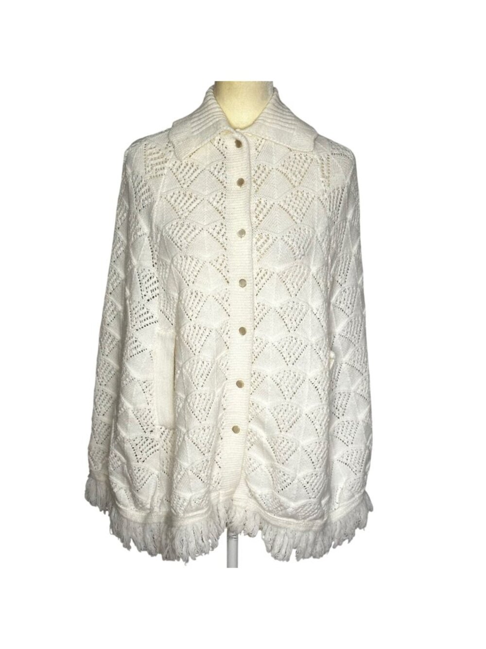 Vintage Crochet Cape White Fringe Boho Cottagecore Festival Shawl OSFM